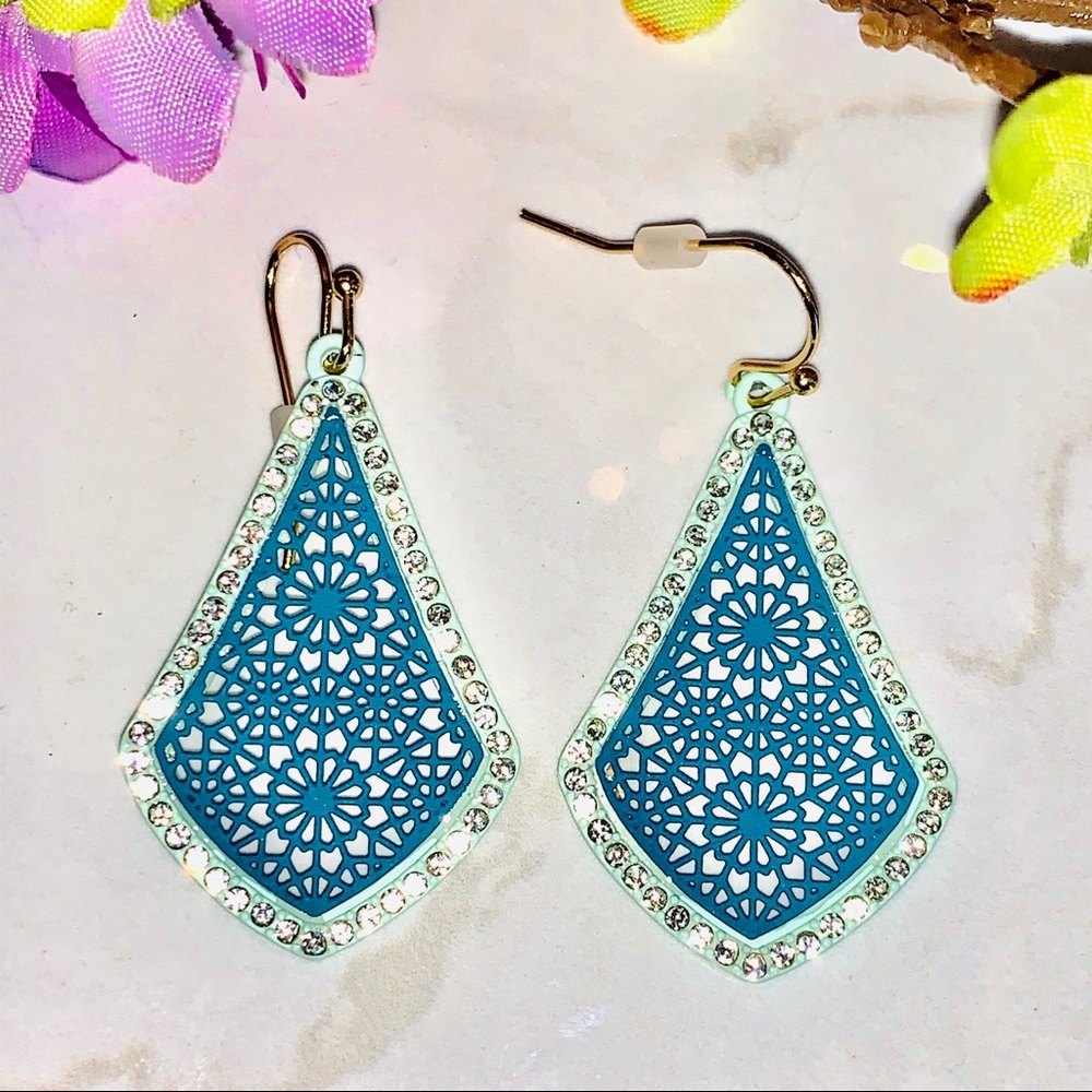 Turquoise Floral Filigree Rhinestone Earrings - Picture 4 of 7